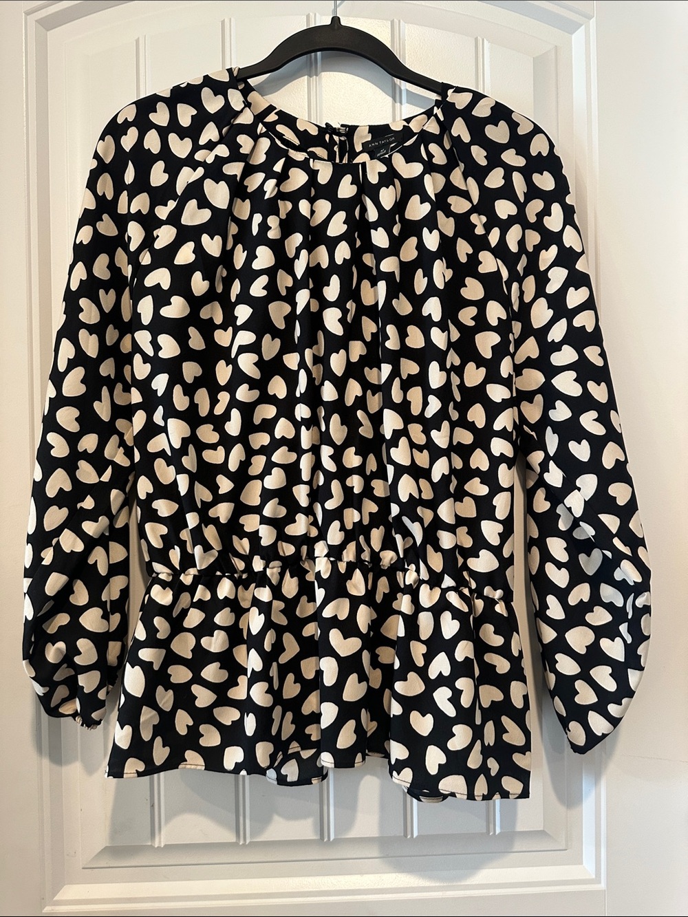 Ann Taylor Black Blouse with Cream Heart Print and Peplum